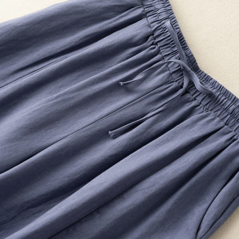 Pantaloni corti Buddha Stones tinta unita in cotone e lino con tasche, gamba larga da donna