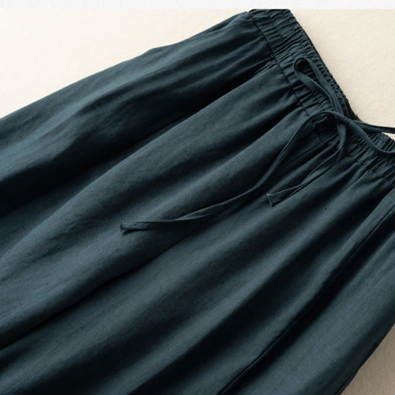Pantaloni corti Buddha Stones tinta unita in cotone e lino con tasche, gamba larga da donna