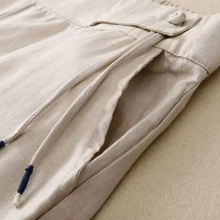 Pantaloni larghi da donna in cotone e lino con tasche, tinta unita, casual, con un bottone , Buddha Stones