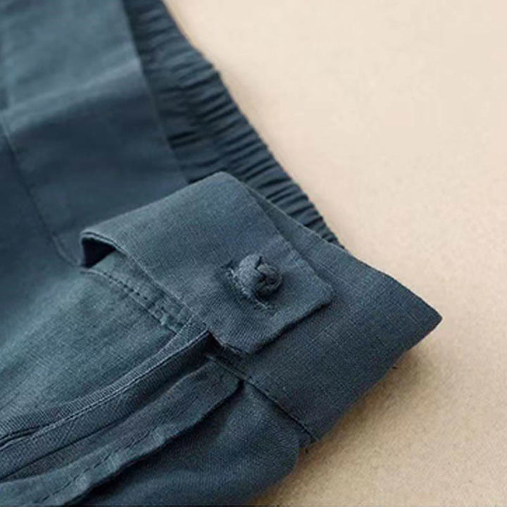 Pantaloni larghi da donna in cotone e lino con tasche, tinta unita, casual, con un bottone , Buddha Stones