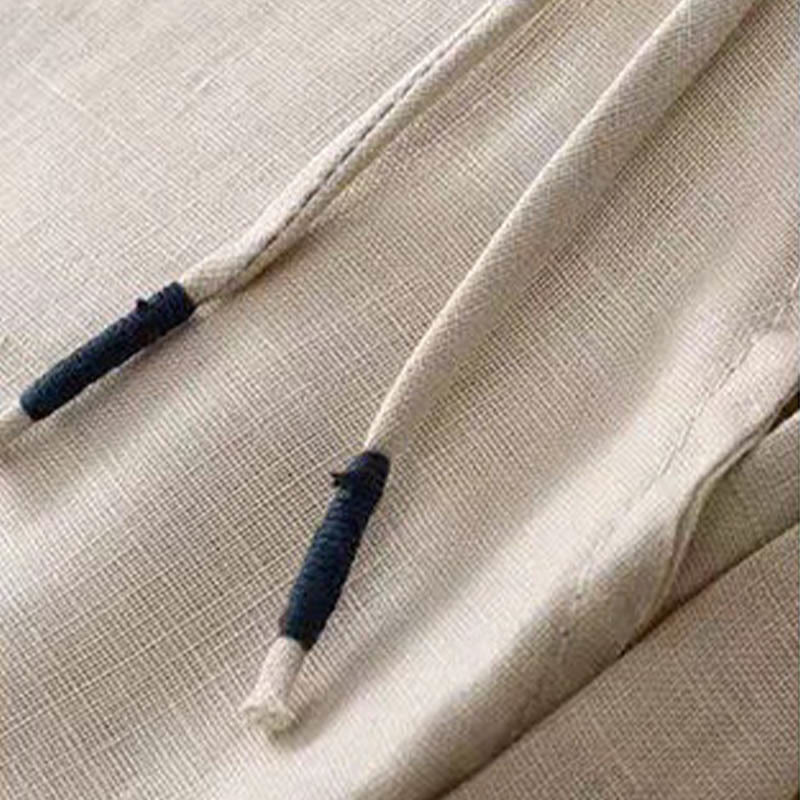 Pantaloni larghi da donna in cotone e lino con tasche, tinta unita, casual, con un bottone , Buddha Stones