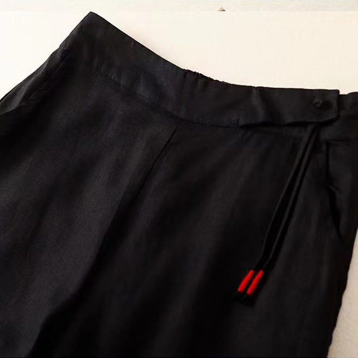 Pantaloni larghi da donna in cotone e lino con tasche, tinta unita, casual, con un bottone , Buddha Stones