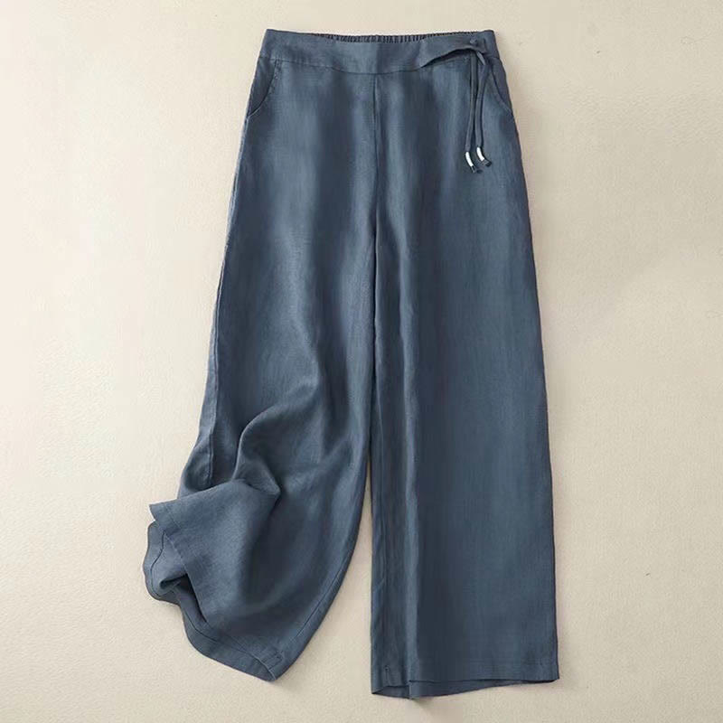 Pantaloni larghi da donna in cotone e lino con tasche, tinta unita, casual, con un bottone , Buddha Stones