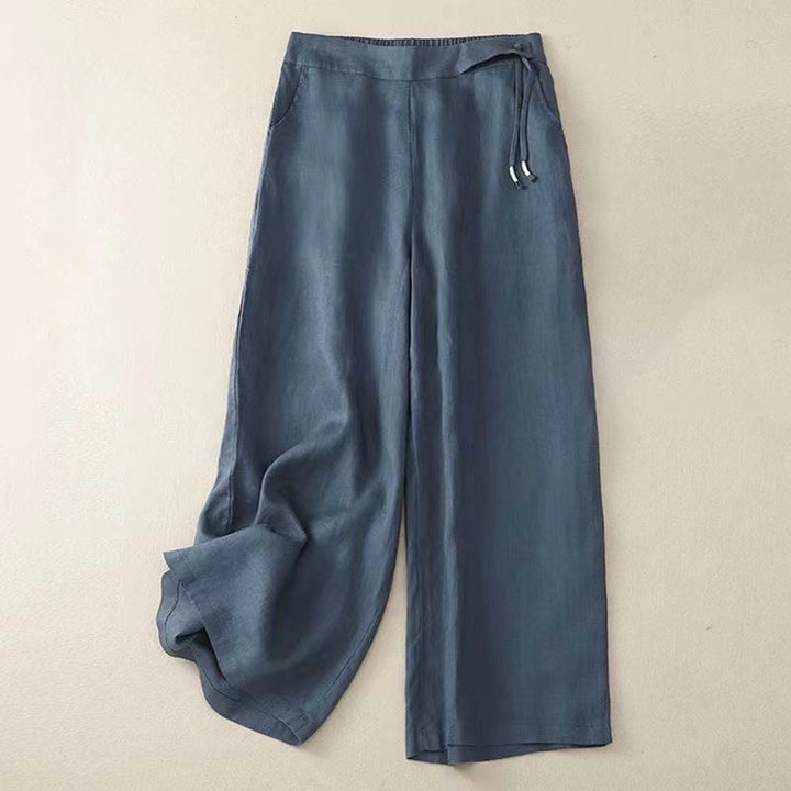 Pantaloni larghi da donna in cotone e lino con tasche, tinta unita, casual, con un bottone , Buddha Stones