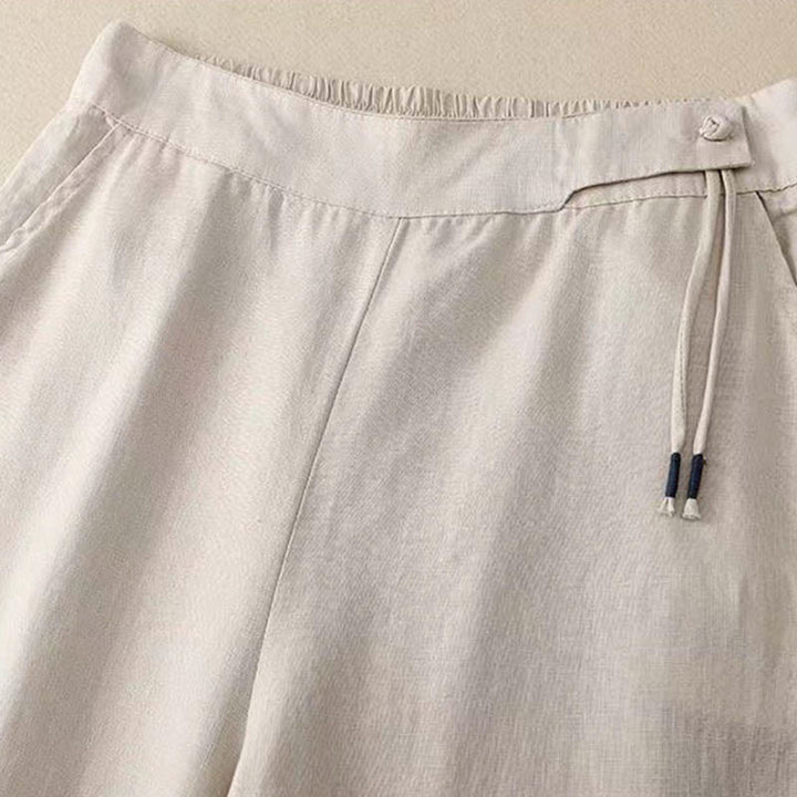 Pantaloni larghi da donna in cotone e lino con tasche, tinta unita, casual, con un bottone , Buddha Stones