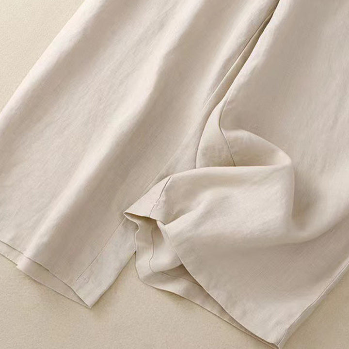 Pantaloni larghi da donna in cotone e lino con tasche, tinta unita, casual, con un bottone , Buddha Stones