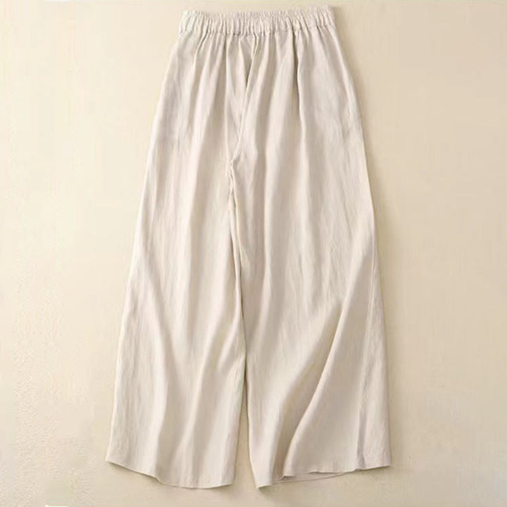 Pantaloni larghi da donna in cotone e lino con tasche, tinta unita, casual, con un bottone , Buddha Stones