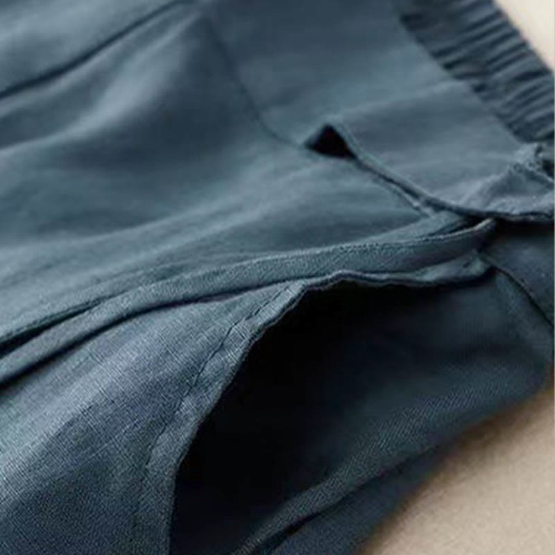 Pantaloni larghi da donna in cotone e lino con tasche, tinta unita, casual, con un bottone , Buddha Stones