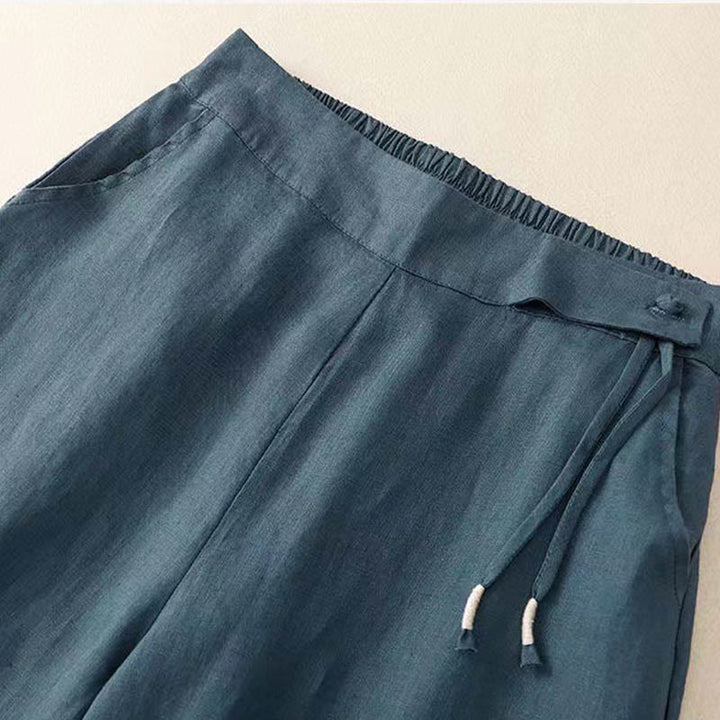 Pantaloni larghi da donna in cotone e lino con tasche, tinta unita, casual, con un bottone , Buddha Stones