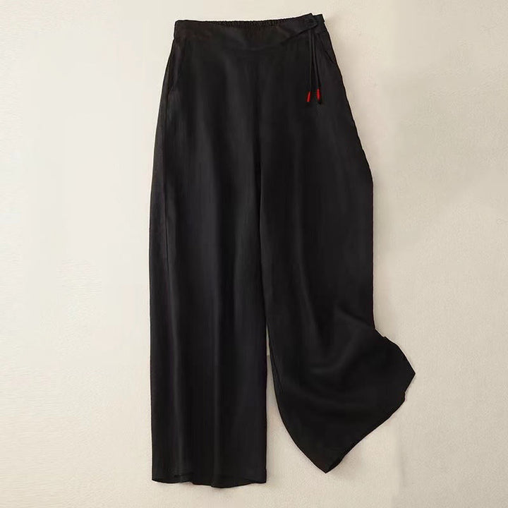 Pantaloni larghi da donna in cotone e lino con tasche, tinta unita, casual, con un bottone , Buddha Stones