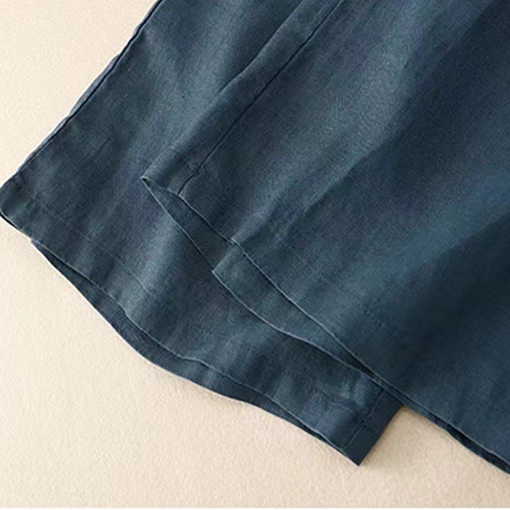 Pantaloni larghi da donna in cotone e lino con tasche, tinta unita, casual, con un bottone , Buddha Stones