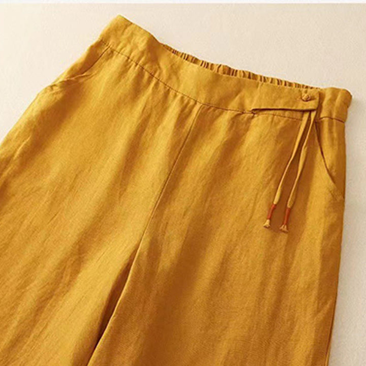 Pantaloni larghi da donna in cotone e lino con tasche, tinta unita, casual, con un bottone , Buddha Stones