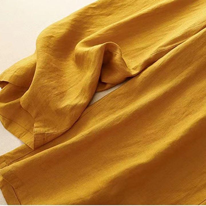 Pantaloni larghi da donna in cotone e lino con tasche, tinta unita, casual, con un bottone , Buddha Stones