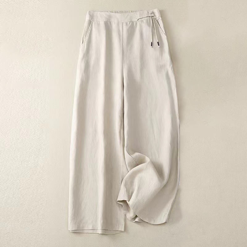 Pantaloni larghi da donna in cotone e lino con tasche, tinta unita, casual, con un bottone , Buddha Stones