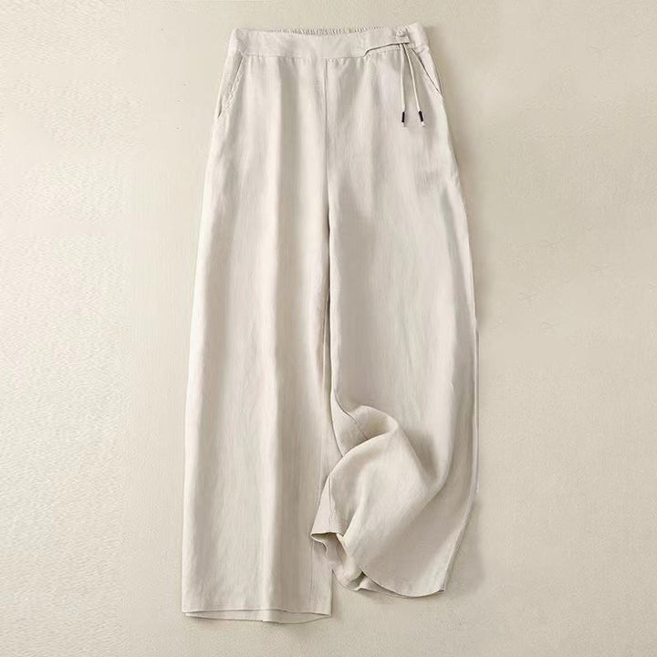 Pantaloni larghi da donna in cotone e lino con tasche, tinta unita, casual, con un bottone , Buddha Stones