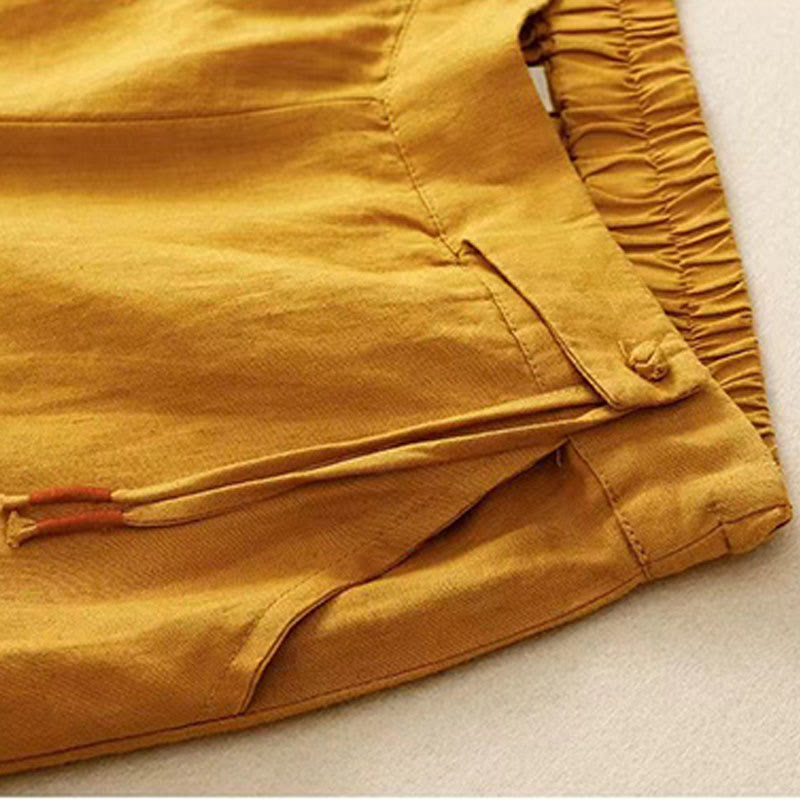 Pantaloni larghi da donna in cotone e lino con tasche, tinta unita, casual, con un bottone , Buddha Stones