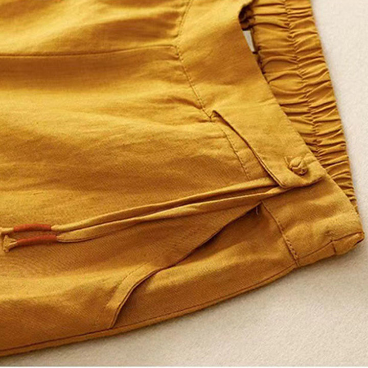 Pantaloni larghi da donna in cotone e lino con tasche, tinta unita, casual, con un bottone , Buddha Stones