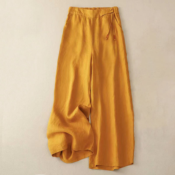 Pantaloni larghi da donna in cotone e lino con tasche, tinta unita, casual, con un bottone , Buddha Stones
