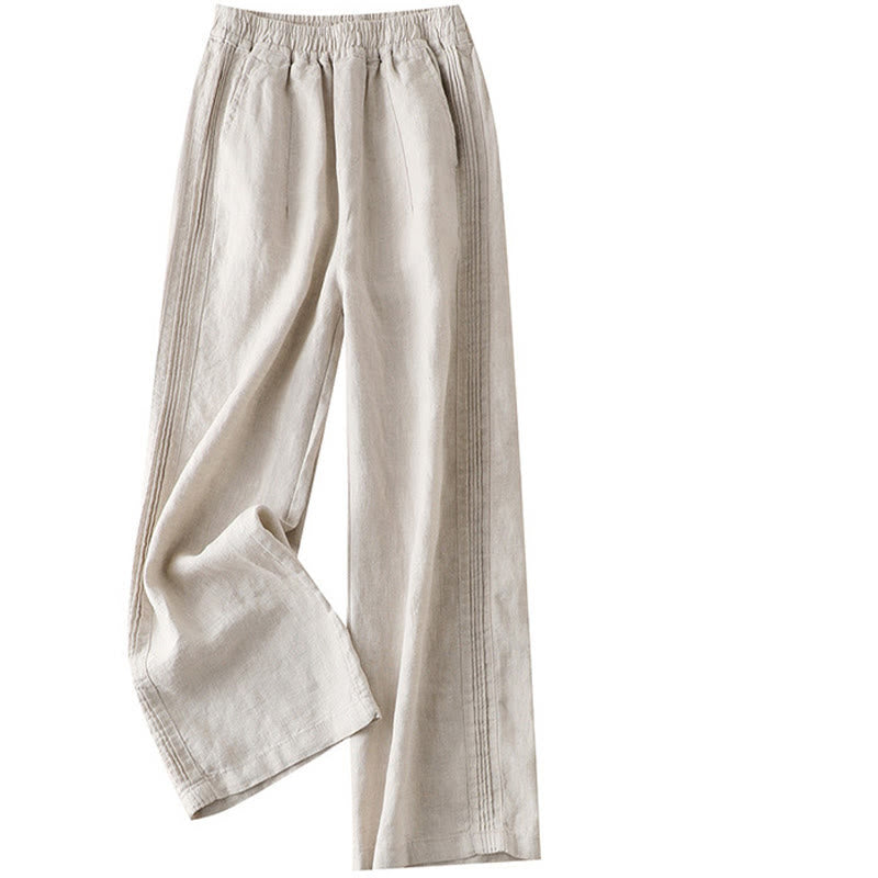 Pantaloni larghi da donna in cotone e lino con tasche, casual, tinta unita, con pieghe laterali , Buddha Stones