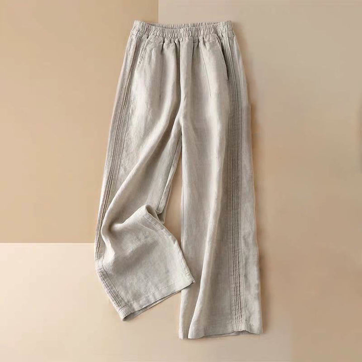 Pantaloni larghi da donna in cotone e lino con tasche, casual, tinta unita, con pieghe laterali , Buddha Stones