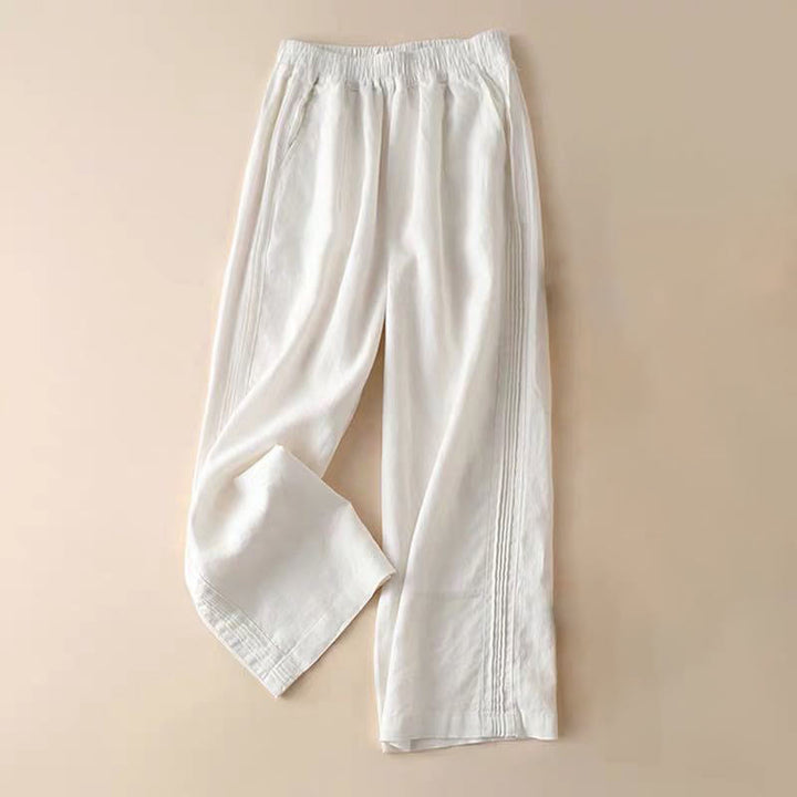 Pantaloni larghi da donna in cotone e lino con tasche, casual, tinta unita, con pieghe laterali , Buddha Stones