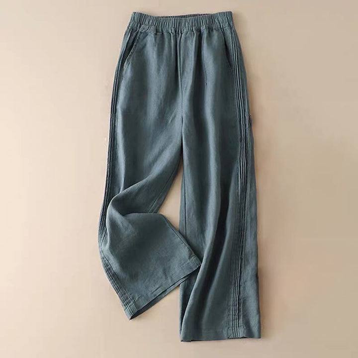 Pantaloni larghi da donna in cotone e lino con tasche, casual, tinta unita, con pieghe laterali , Buddha Stones