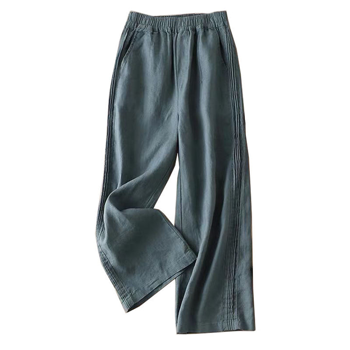 Pantaloni larghi da donna in cotone e lino con tasche, casual, tinta unita, con pieghe laterali , Buddha Stones