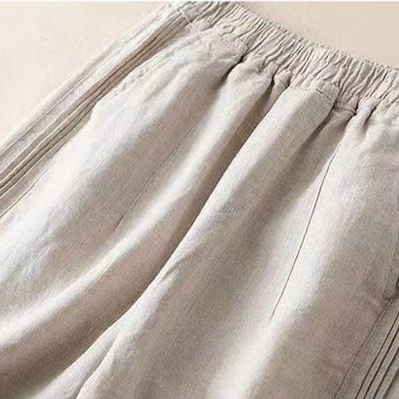 Pantaloni larghi da donna in cotone e lino con tasche, casual, tinta unita, con pieghe laterali , Buddha Stones - image 2