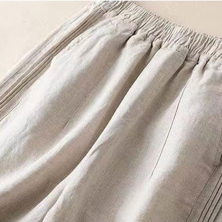 Pantaloni larghi da donna in cotone e lino con tasche, casual, tinta unita, con pieghe laterali , Buddha Stones