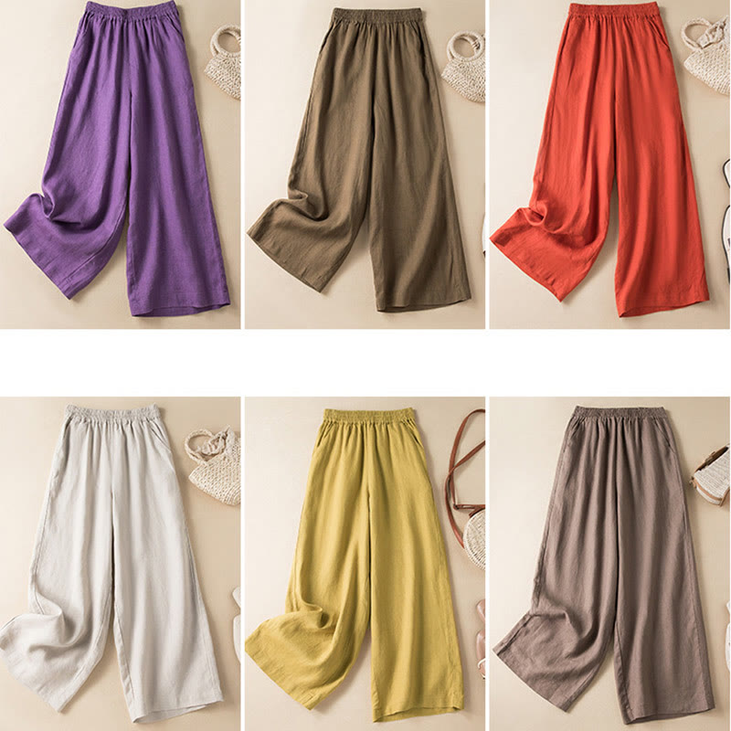 Pantaloni larghi da donna in cotone e lino, casual, tinta unita, con tasche, Buddha Stones - image 2