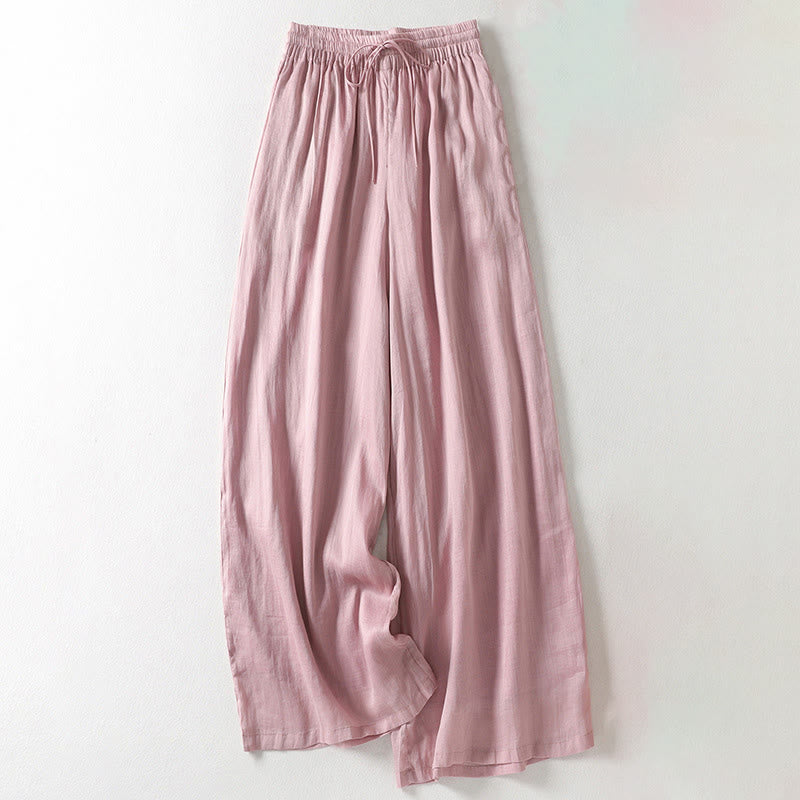 Pantaloni larghi da donna in cotone e lino con lacci tinta unita Buddha Stones