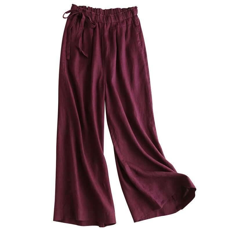 Pantaloni larghi da donna in cotone e lino con lacci, casual e tinta unita , Buddha Stones