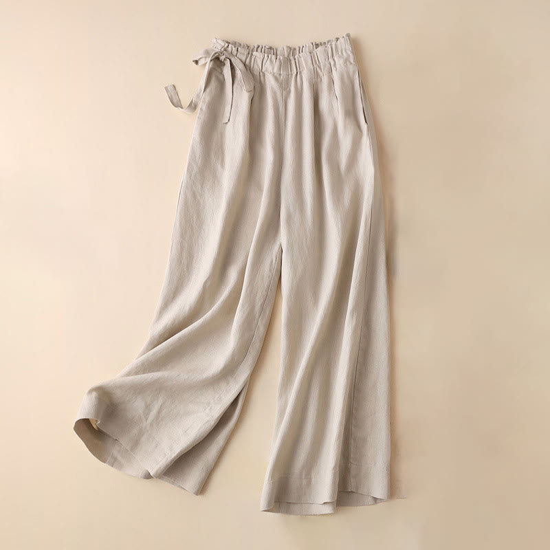 Pantaloni larghi da donna in cotone e lino con lacci, casual e tinta unita , Buddha Stones - Beige - US12, UK/AU16, EU44 (3XL) - image 22