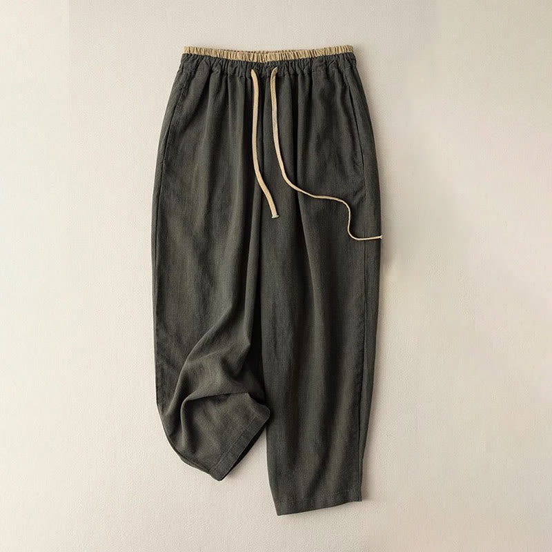 Pantaloni da donna con coulisse in cotone e lino casual tinta unita Buddha Stones con tasche - Verde oliva scuro - US16, UK/AU20, EU48 (3XL) - image 7