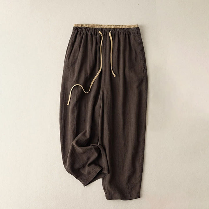 Pantaloni da donna con coulisse in cotone e lino casual tinta unita Buddha Stones con tasche - Marrone sella - US16, UK/AU20, EU48 (3XL) - image 6