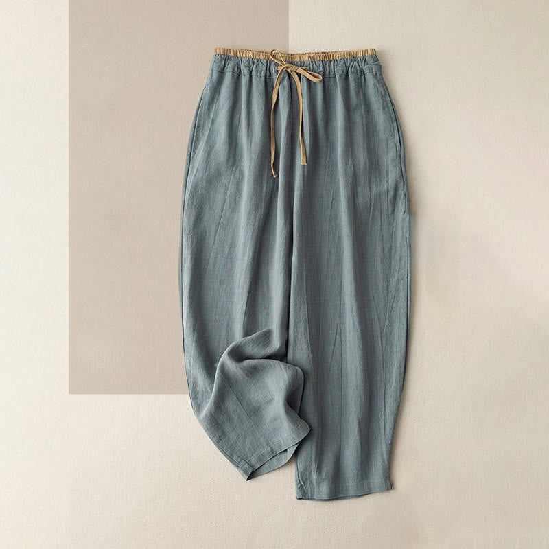 Pantaloni da donna con coulisse in cotone e lino casual tinta unita Buddha Stones con tasche - CadetBlue - US16, UK/AU20, EU48 (3XL) - image 1