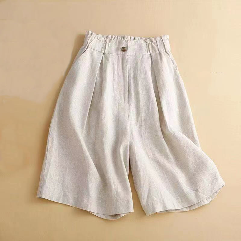 Pantaloncini da donna in lino di cotone con tasche, tinta unita, con cerniera e bottoni , Buddha Stones - Beige - US12, UK/AU16, EU44 (3XL) - image 9