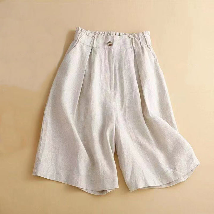 Pantaloncini da donna in lino di cotone con tasche, tinta unita, con cerniera e bottoni , Buddha Stones - Beige - US12, UK/AU16, EU44 (3XL) - image 9