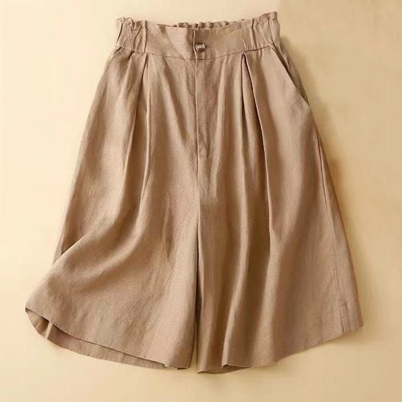Pantaloncini da donna in lino di cotone con tasche, tinta unita, con cerniera e bottoni , Buddha Stones - Verga d'oro - US12, UK/AU16, EU44 (3XL) - image 0