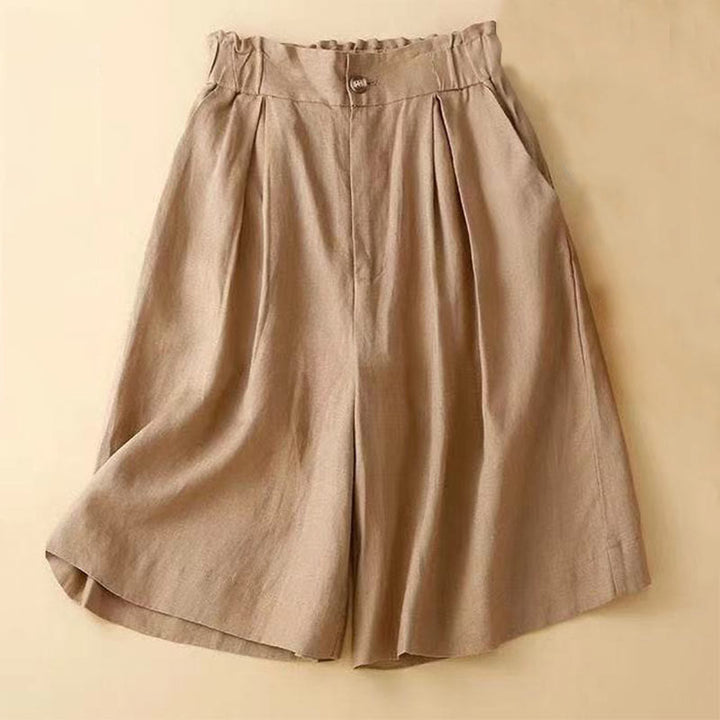 Pantaloncini da donna in lino di cotone con tasche, tinta unita, con cerniera e bottoni , Buddha Stones - Verga d'oro - US12, UK/AU16, EU44 (3XL) - image 0