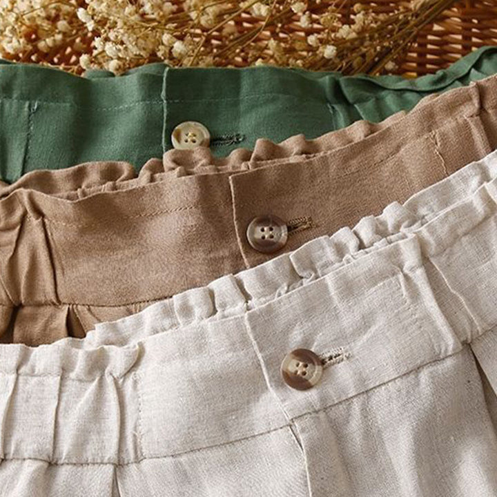 Pantaloncini da donna in lino di cotone con tasche, tinta unita, con cerniera e bottoni , Buddha Stones - image 23