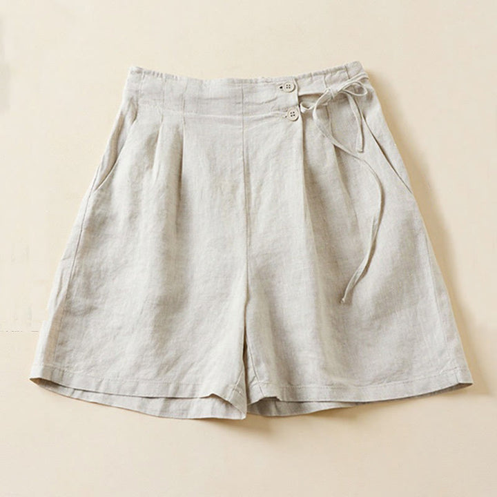 Pantaloncini da donna in cotone e lino con lacci, tinta unita, due bottoni, con tasche , Buddha Stones