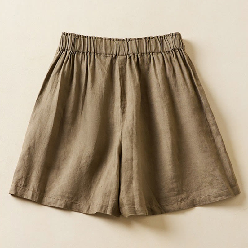 Pantaloncini da donna in cotone e lino con lacci, tinta unita, due bottoni, con tasche , Buddha Stones