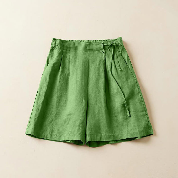 Pantaloncini da donna in cotone e lino con lacci, tinta unita, due bottoni, con tasche , Buddha Stones