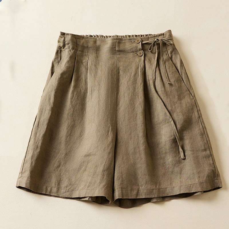Pantaloncini da donna in cotone e lino con lacci, tinta unita, due bottoni, con tasche , Buddha Stones