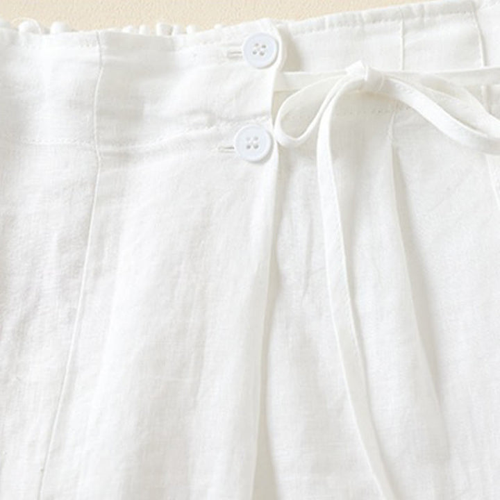 Pantaloncini da donna in cotone e lino con lacci, tinta unita, due bottoni, con tasche , Buddha Stones