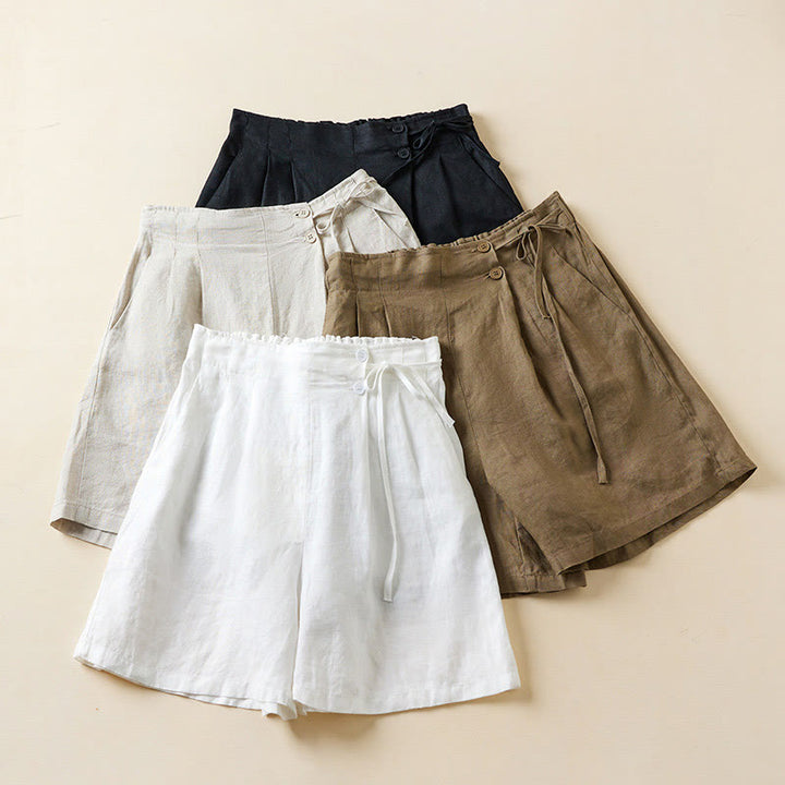 Pantaloncini da donna in cotone e lino con lacci, tinta unita, due bottoni, con tasche , Buddha Stones