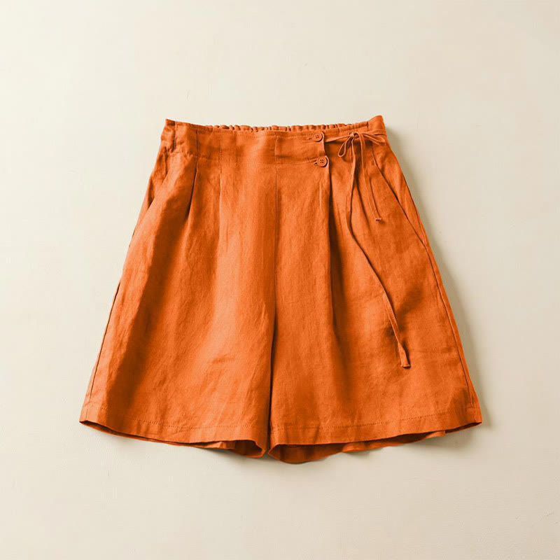 Pantaloncini da donna in cotone e lino con lacci, tinta unita, due bottoni, con tasche , Buddha Stones