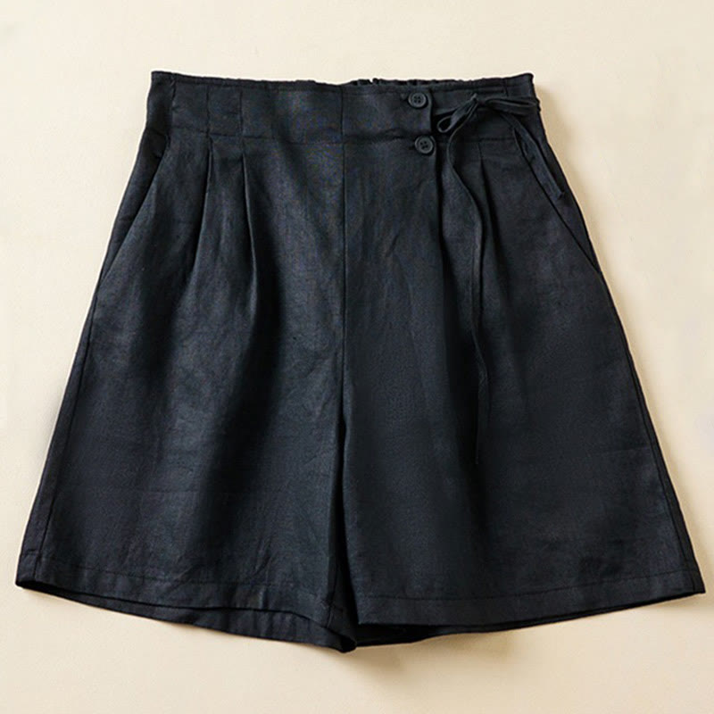 Pantaloncini da donna in cotone e lino con lacci, tinta unita, due bottoni, con tasche , Buddha Stones