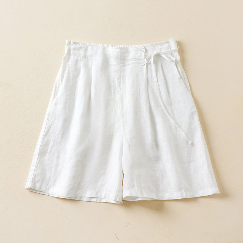 Pantaloncini da donna in cotone e lino con lacci, tinta unita, due bottoni, con tasche , Buddha Stones